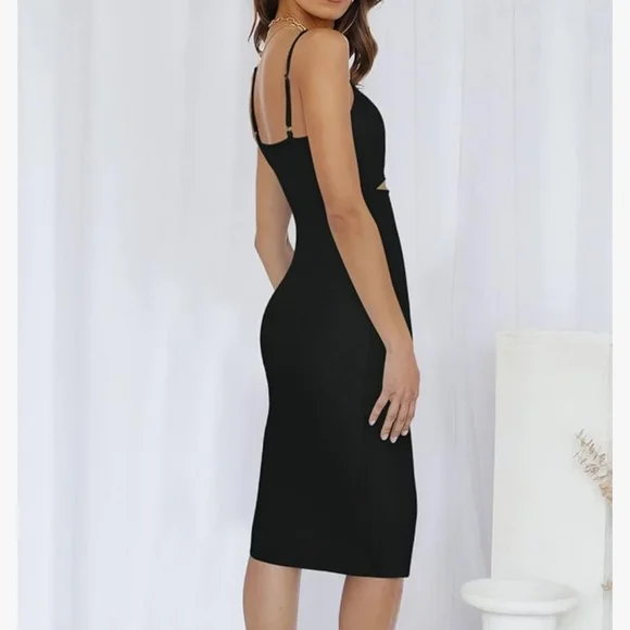 Black Bodycon Midi Dress with Cutout and Slit​​ - Picture 8 of 13